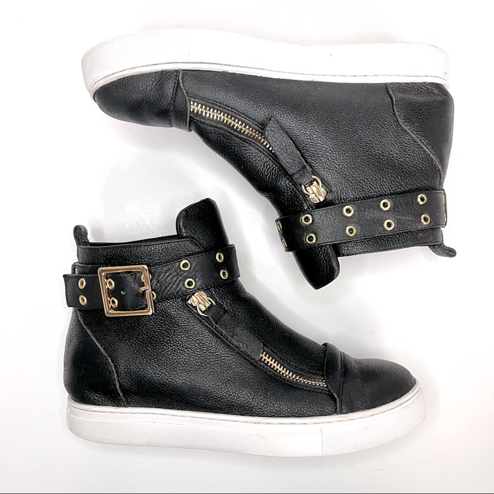 ALL BLACK Footwear Black Leather High Top Sneakers with Zips & Buckle